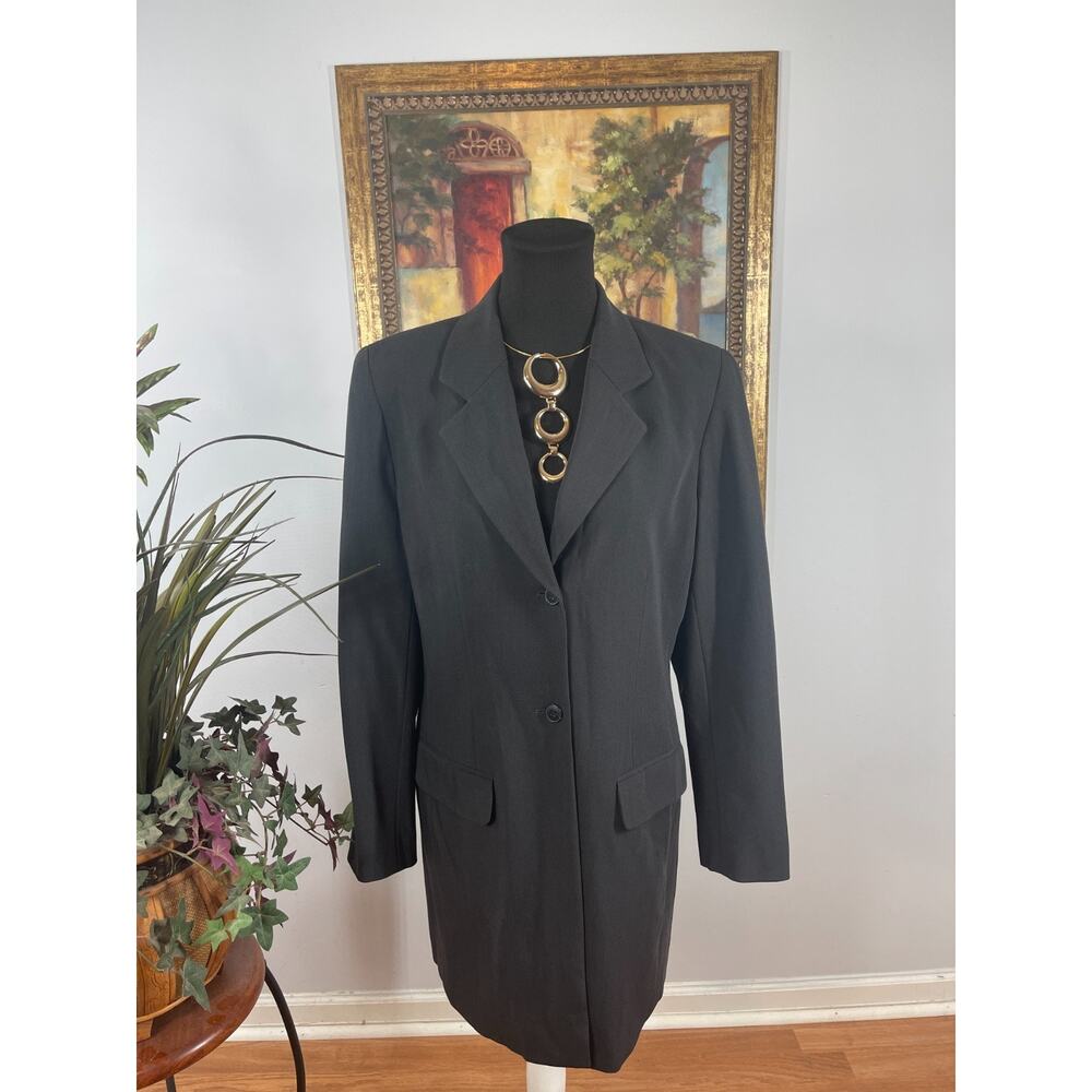 Josephine Chaus Long Blazer Women 8 Black Notch Lapel Trench Style Wool Blend